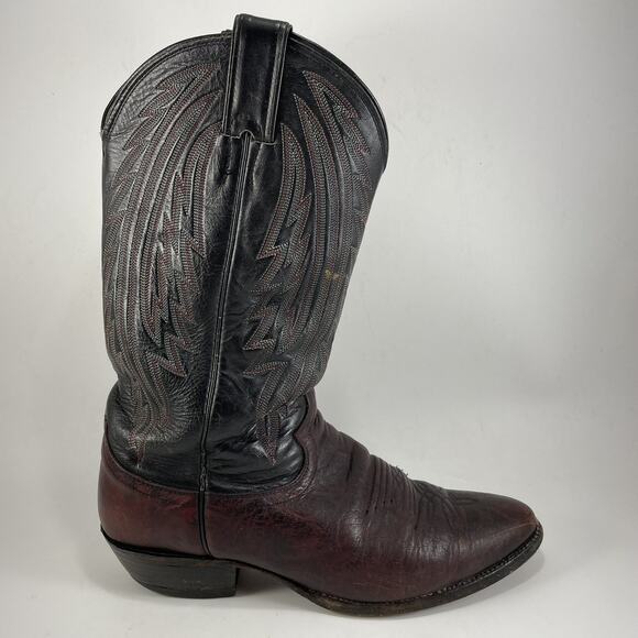 Justin Cowboy Boots Mens Size 9D Two Tone Burgundy Black Leather Almond Toe 1509 - Picture 1 of 10